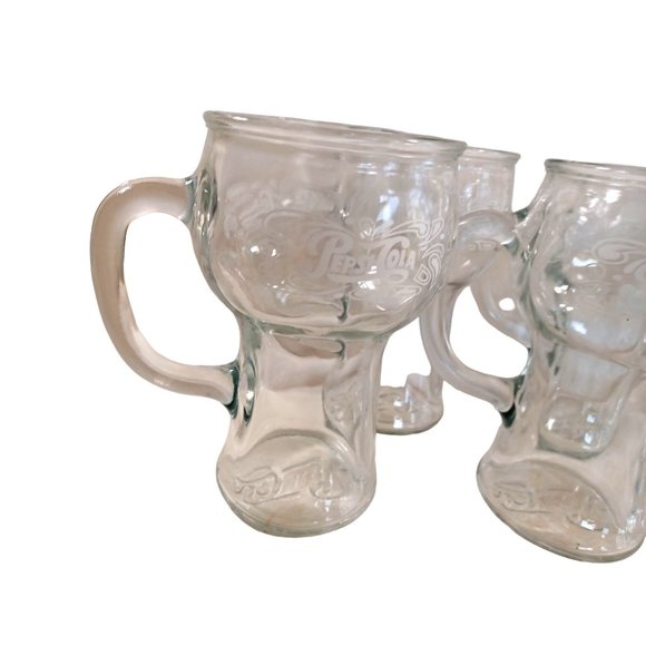 Set of 6 Vtg 1970's Pepsi Cola Clear Glass Mugs Soda Fountain w Handles - Picture 3 of 6